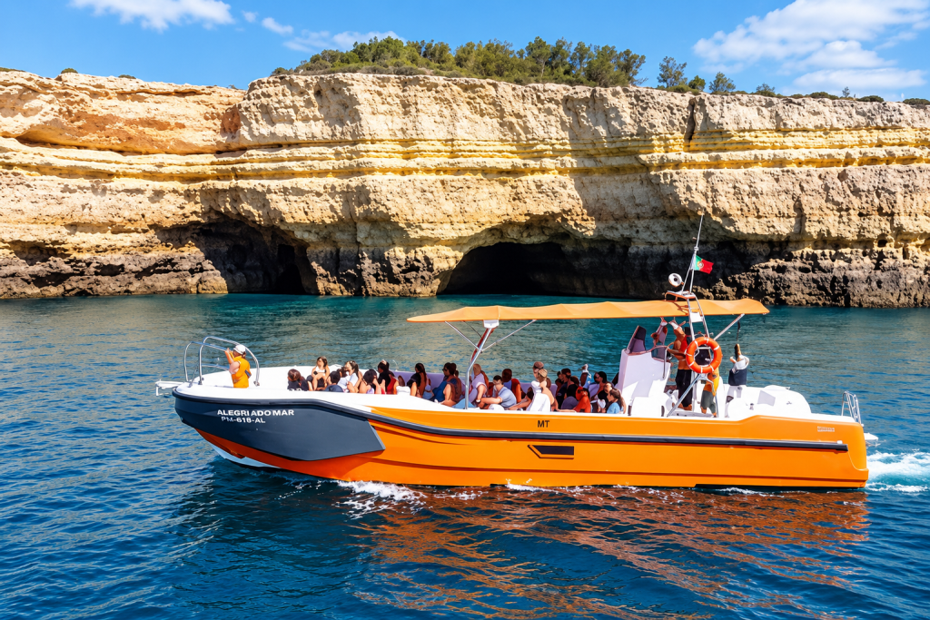 Inside Benagil Cave during a speedboat tour from Vilamoura